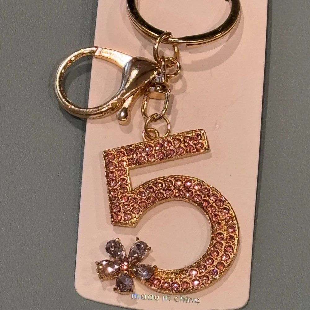 BAG CHARM Mint Pink and Gold “5” Key Chain